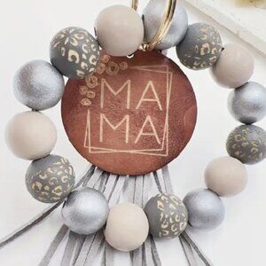 Boho Leopard Beaded Tassel Keychain Bracelet with wooden MAMA Pendant